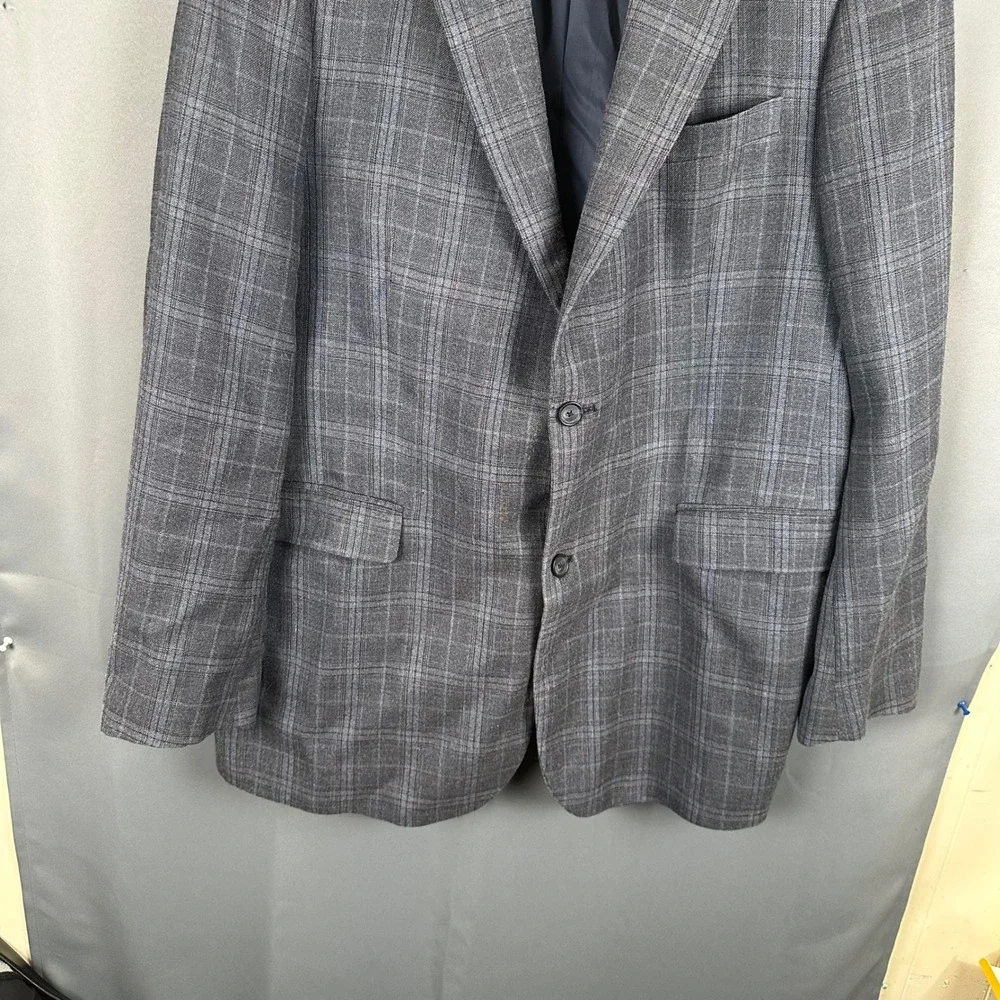John W. Nordstrom Mens 44L Blazer Sport Coat Grey Blue Plaid Silk Wool Blend